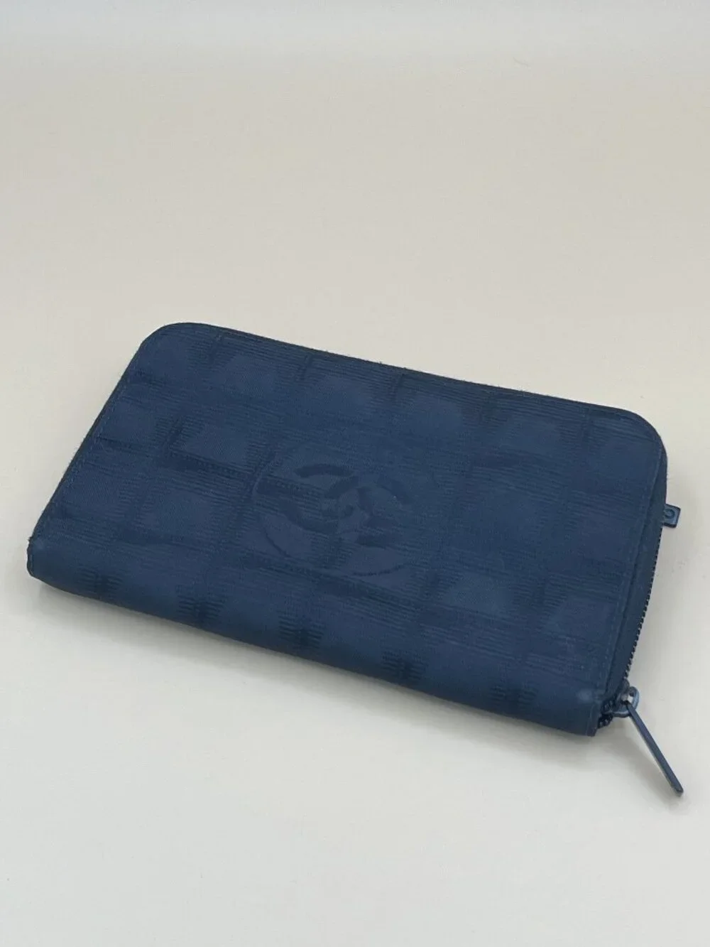 Chanel Black Checkered Canvas Zipper Wallet With CC Logo Design